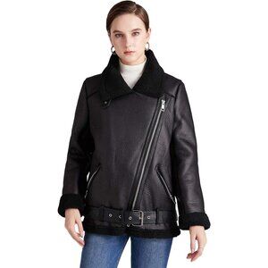 ⚡Women's Faux Lamb Black Shearing Moto Jacket Thick Lined Parka Leather Jacket